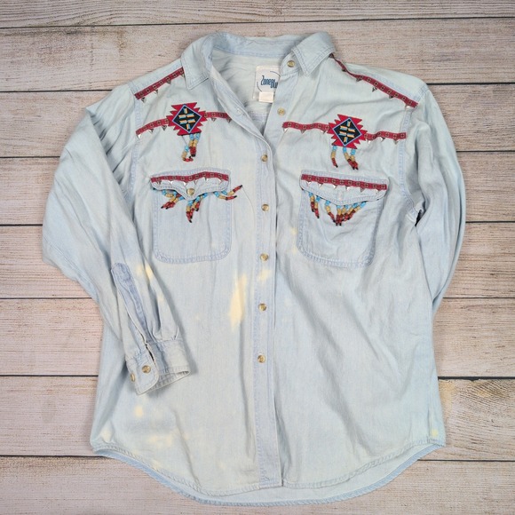 Zone Blu Vintage Western Shirt Aztec Embroidered  Bleached Button Up Medium - Picture 1 of 6
